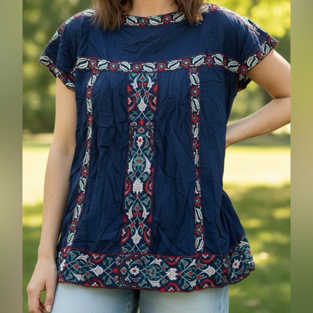🌺 NEW Max Editions Boho Navy Tunic Top - XL NWT 🌺